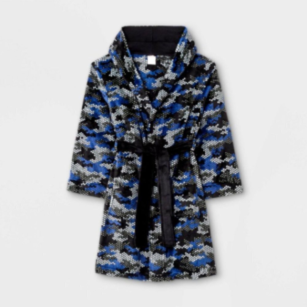 Cat & Jack Boys Hooded Fleece Robe Blue Camo Sleepwear XS 4/5 Soft Plush
